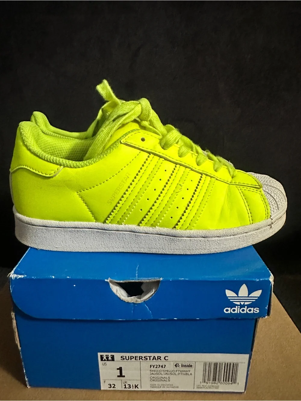 adidas Kids Superstar C Neon Lime Green Lace-Up Sneakers